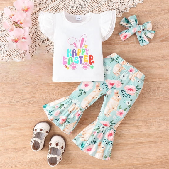 JIAYUE Girls Easter Youth Outfit Sets Cartoon Print Floral Short Sleeve Crew Neck Pullover Tops and Flared Pants with Headband For Youth Chic Fashion Sets