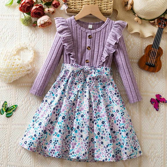JIAYUE Girls Elegant Party Dress Long Puffed Sleeve Floral Print For Kids Autumn Winter Holiday Celebrations