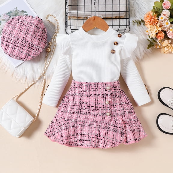 JIAYUE Girls Fall Winter Outfits Elegant Sets Solid Color Long Sleeve Crew Neck Pull-On Flutter Sleeves Tops and Knitted Skirt with Beret For Toddler Casual Stylish Streetwear