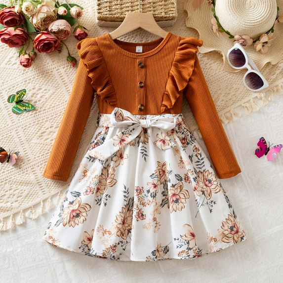 JIAYUE Girls Floral Bow Dresses Fall Winter Long Sleeve Flared Hem Party Dress For Kids 3 7 Years Old Daily Attire(Brown)