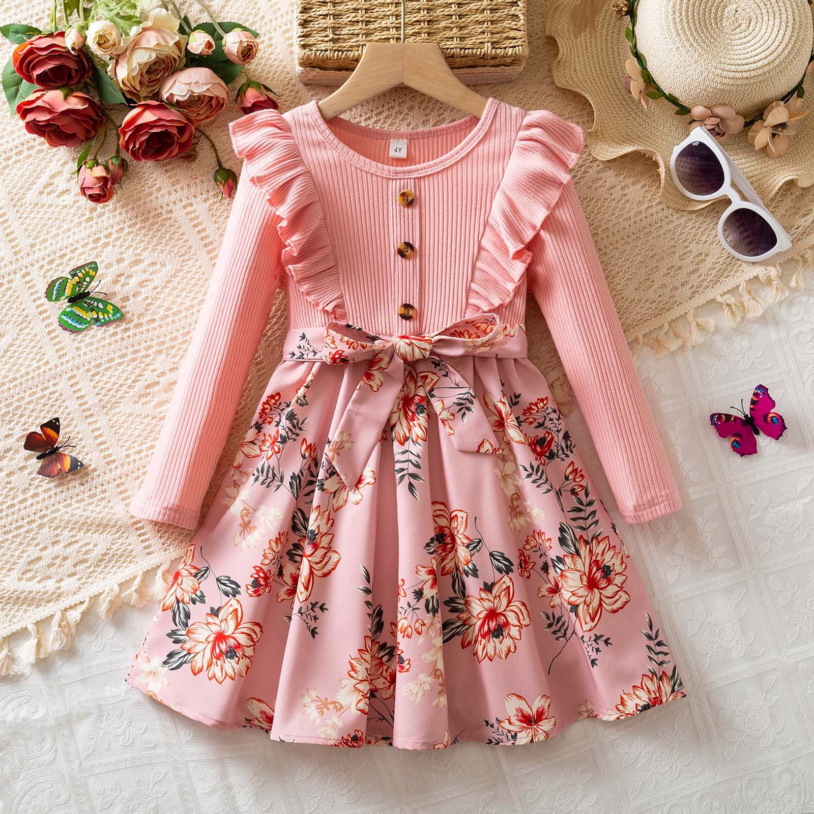 JIAYUE Girls Floral Bow Dresses Fall Winter Long Sleeve Flared Hem Party  Dress For Kids 3 7 Years Old Daily Attire(Pink)