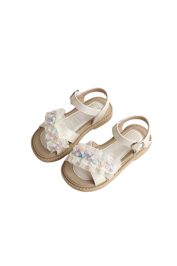 Girls Glitter Sandals Flat Adjustable Ankle Strap Open Toe Ruffle Trim Pearl Detail For Dance Performance And Party Wear Summer Shoes