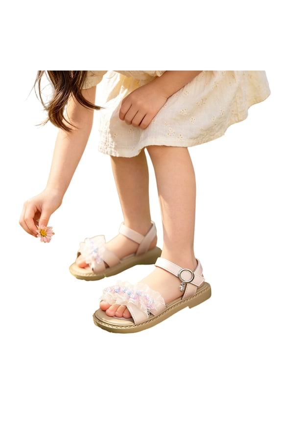 Girls Glitter Sandals Flat Adjustable Ankle Strap Open Toe Ruffle Trim Pearl Detail For Dance Performance And Party Wear Summer Shoes