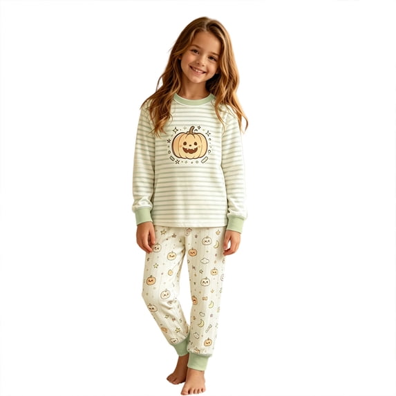 JIAYUE Girls Halloween Pajama 2 Piece Set Striped Print Crew Neck Long Sleeve Tops And Pants Loungewear for Indoor Night Rest,160 9Y