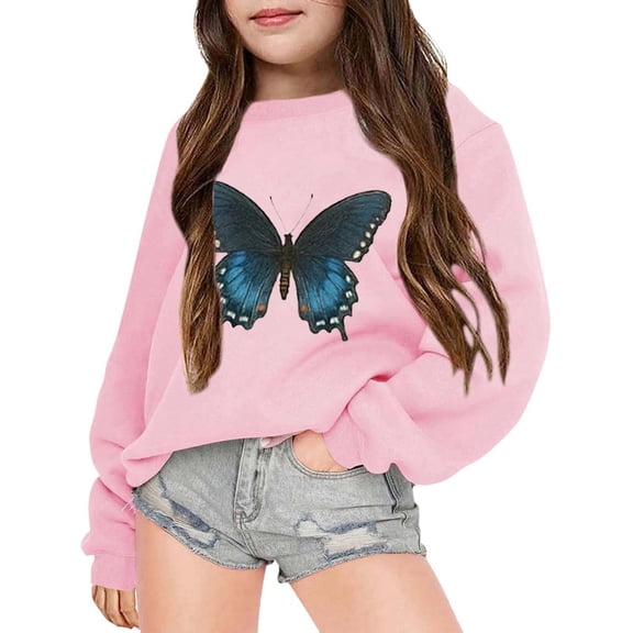 JIAYUE Girls Hoodies Sweatshirts Butterfly Print Long Sleeve Pullover Loose Fit For Kids 3 14 Years Old Spring Fall Casual Wear