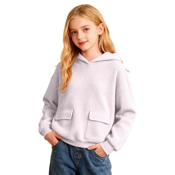 JIAYUE Girls Kids Hoodies Casual Soft Knit Textured Solid Color With Pockets Long Sleeve Pullover Sweatshirt For Weekend Sport Playing And Everyday Outdoor Walks Tops ,7-8 Years