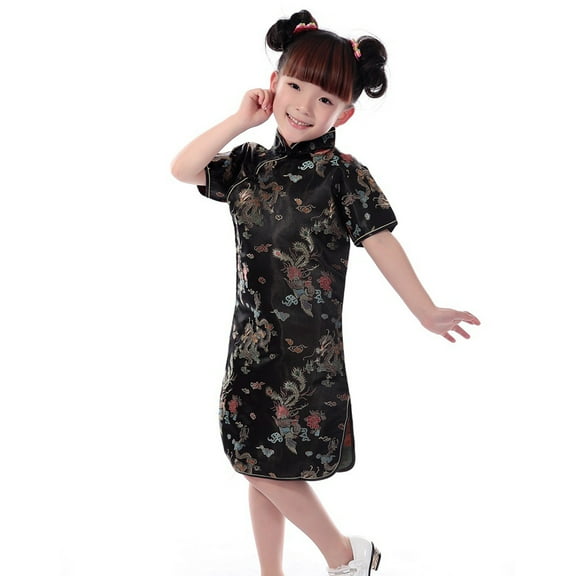 JIAYUE Girls New Year Dresses Short Sleeve Embroidered Collared Drop Shoulder Mid Length Qipao Cheongsam Shift For Children Pretty Dress