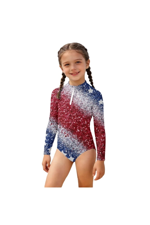 Girls One-Piece Swimwear Patriotic Alternating Red And White And Five-Pointed Stars Print Long Sleeve Crew Neck Independence Day Trendy Rash Guards With Zipper Front Vacation Bathing Suit