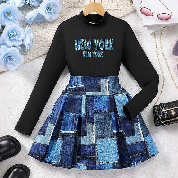 JIAYUE Girls Outfit Set Long Sleeve Letter Print Top Colorful Denim Skirt 2 Piece Set For Kids 8 To 12 Years Old Stylish Casual Wear