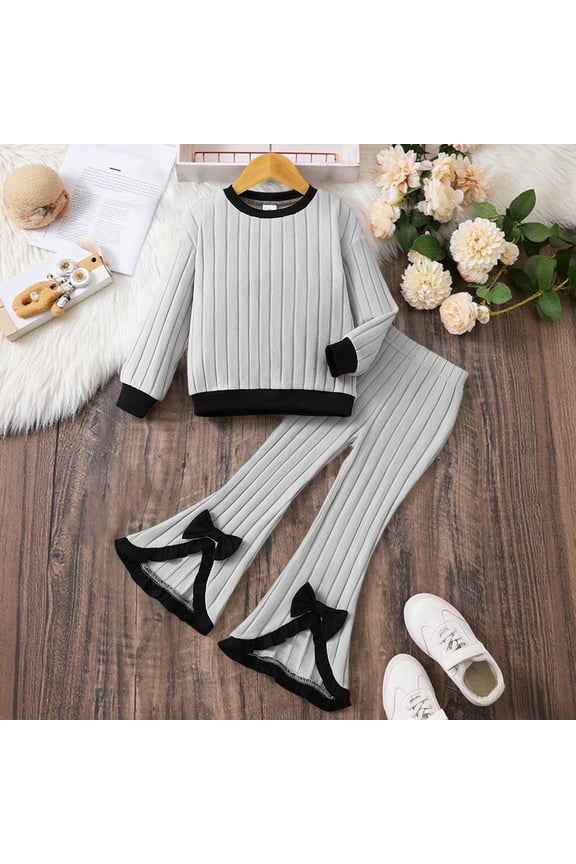 Girls Outfit Set Ribbed Long Sleeve Round Neck Top Flared Pants 2 Piece Set For Toddlers 4 To 7 Years Old Casual Playwear