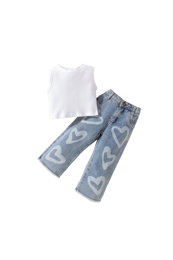 Girls Outfit Set Toddler Baby Casual Summer Sleeveless Tank Top With Heart Denim Wide Leg Pants Travel Party Dress Comfy Elastic Waist Comfort Children Clothes Sets