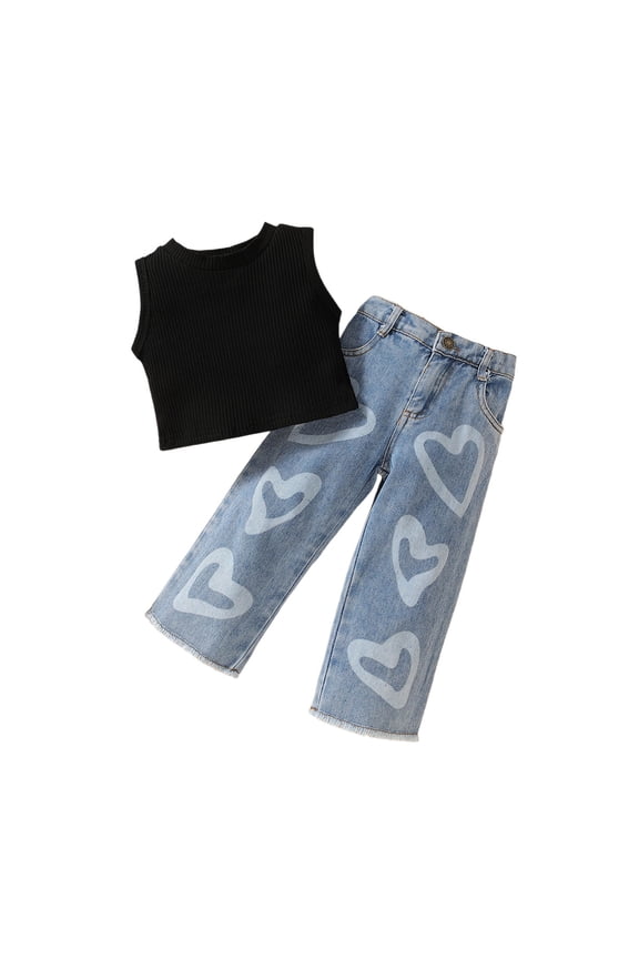 Girls Outfit Set Toddler Baby Casual Summer Sleeveless Tank Top With Heart Denim Wide Leg Pants Travel Party Dress Comfy Elastic Waist Stylish Children Clothes Sets