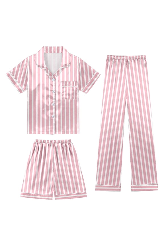 Girls Outfit Sets Buttons Lapel Short Sleeve Children's Shorts Casual Elastic Waist Pants Pocket Striped 3 Piece Spring Summer Kids Cozy Clothes Sets