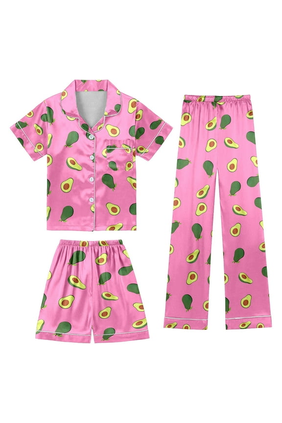 Girls Outfit Sets Children's Casual Buttons Fruit Print Lapel Short Sleeve Pocket Shirts Elastic Waist Shorts Leisure Pants Cozy 3 Piece Clothes Sets For Kids