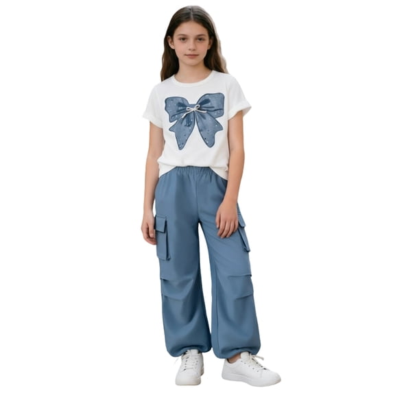 JIAYUE Girls Outfit Sets Crew Neck Short Sleeve 2 Piece Cute Bow Print T Shirt Tops & Cargo Pants Spring Summer 10 16Y Classic Children Clothes Suits