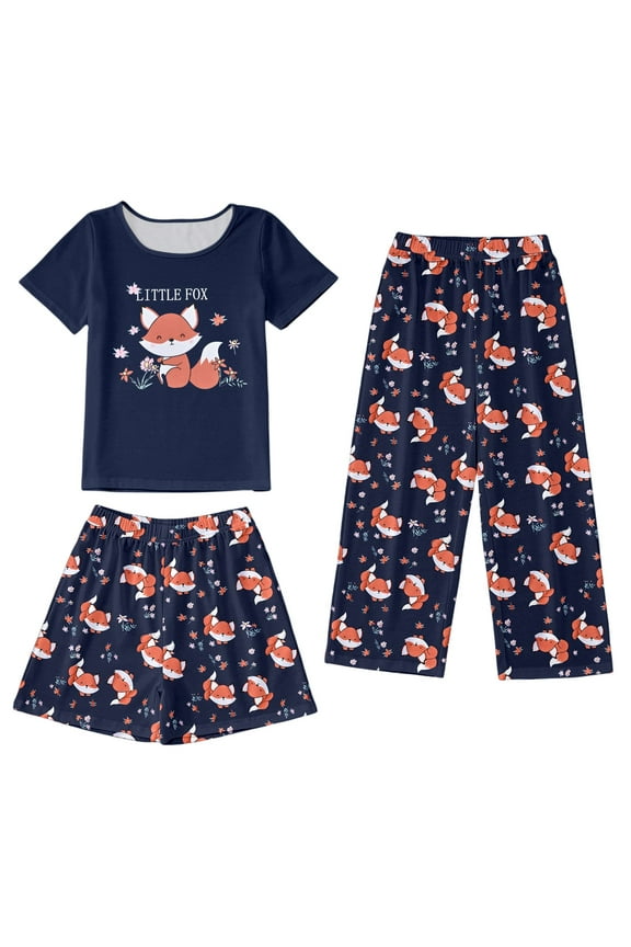 Girls Outfit Sets Kids Animal Floral Print Baby Crew Neck Spring Summer Leisure Pants Short Sleeve Sports Three Piece Shorts Children Clothes Sets