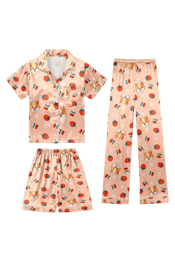 Girls Outfit Sets Lapel Pocket Short Sleeve Children's Shorts Buttons Casual Elastic Waist Pants Animal Fruit Print 3 Piece Spring Summer Kids Leisure Clothes Sets