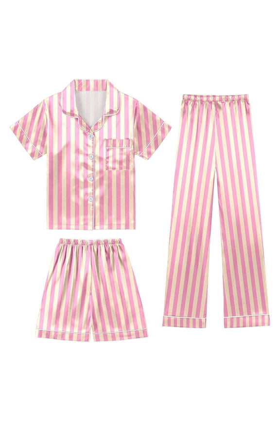 Girls Outfit Sets Lapel Short Sleeve Buttons Children's Shorts Casual Elastic Waist Pants Striped Pocket 3 Piece Spring Summer Kids Comfort Clothes Sets
