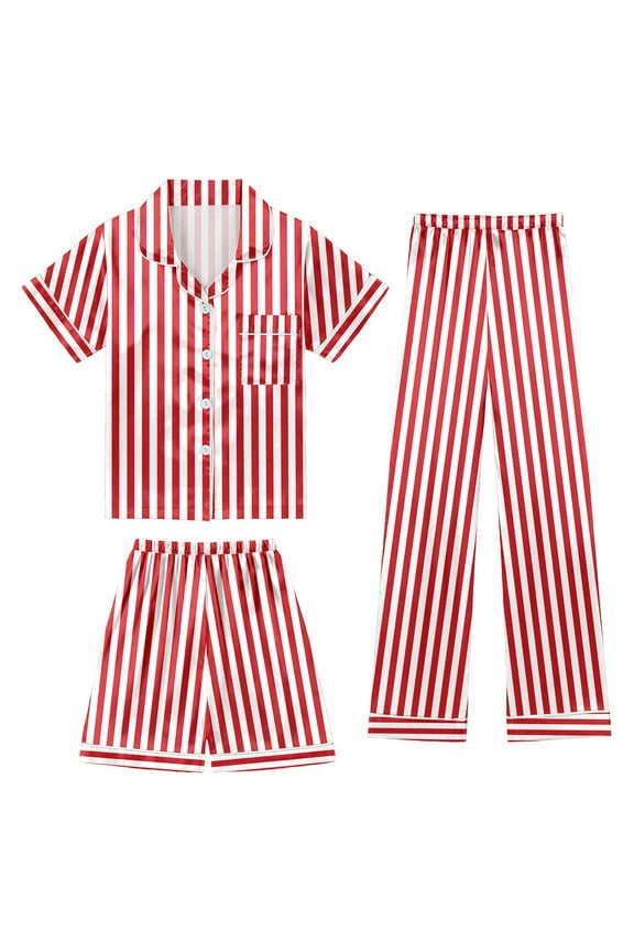 Girls Outfit Sets Lapel Short Sleeve Buttons Children's Shorts Casual Elastic Waist Pants Striped Pocket 3 Piece Spring Summer Kids Leisure Clothes Sets