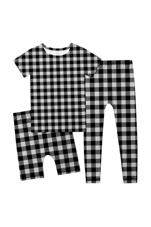Girls Outfits Set Casual Summer O-Neck Cute Plaid Short Sleeve Tops Shorts Pants 3 Piece Leisure Breathable Clothes Sets For Toddler Kids Age 2-14