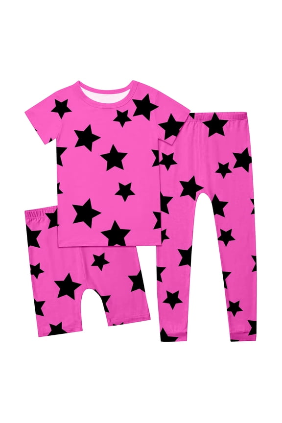 Girls Outfits Set Star Print Round Neck Short Sleeve T Shirt Shorts Three Piece Comfy Pants Casual For Toddler Kids Age 2-14 Spring Summer Loungewear