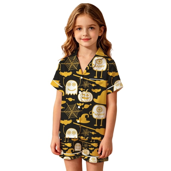 JIAYUE Girls Pajamas Halloween Graphic Short Sleeve Notched Collar Button Top And Shorts Two Piece Sleepwear Set for Summer Nightwear,2-3 Years