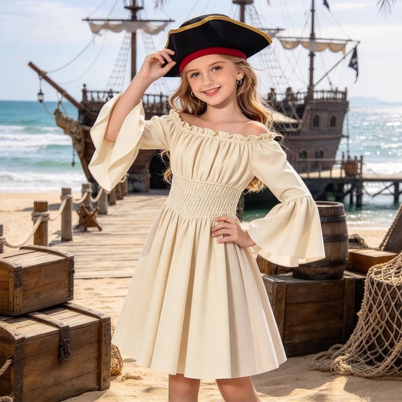 JIAYUE Girls Pirate Princess Dress Long Bell Sleeve Off Shoulder Ruffle ...