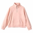 thumbnail image 1 of JIAYUE Girls Quarter Zip Sweatshirt Soft Comfortable Cropped Fit Solid Color Long Sleeve Stand Collar Front Pocket Pullover Tops For Kids Daily Outdoor Sport Wear,5-6 Years, 1 of 5