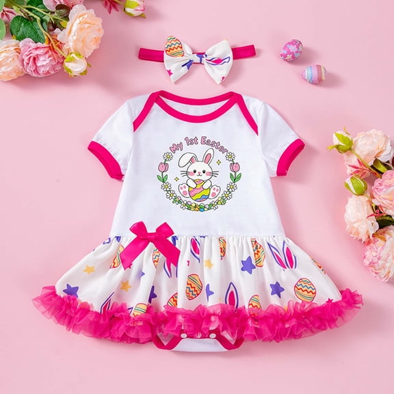 JIAYUE Girls Romper For Toddler Easter Bunny Egg Print With Hair Accessory 2 Piece Set Round Neck For Baby Cute Festival Wear