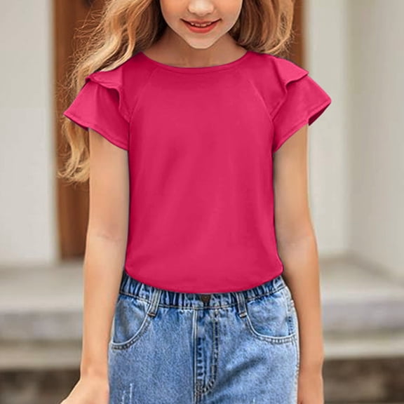 JIAYUE Girls Ruffle Tops Short Sleeve Hem Detail Solid Color For Toddler Graceful Outfit
