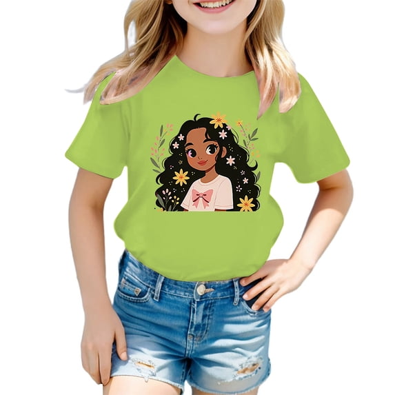 JIAYUE Girls Shirts Kid Cute Character Print Round Neck Short Sleeve Summer Casual Cozy Leisure Children Tops