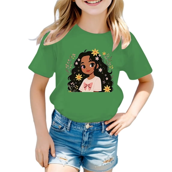 JIAYUE Girls Shirts Kid Cute Character Print Round Neck Short Sleeve Summer Casual Versatile Leisure Children Tops