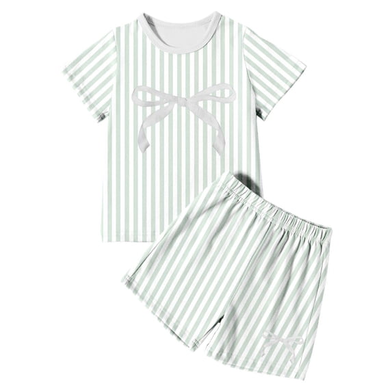 JIAYUE Girls Sleepwear For Kids Sets Striped Print Breathable Crew Neck Relaxed Fit Short Sleeve Tops And Shorts Two Piece Pajamas Cute Loungewear For Summer Home Vacation Daily Night,7-8 Years