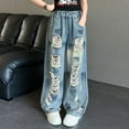 thumbnail image 1 of JIAYUE Girls Solid Color Jeans Ripped Loose Fit Straight Leg Elastic Waist For Kids Summer Fashion Denim Trousers, 1 of 3