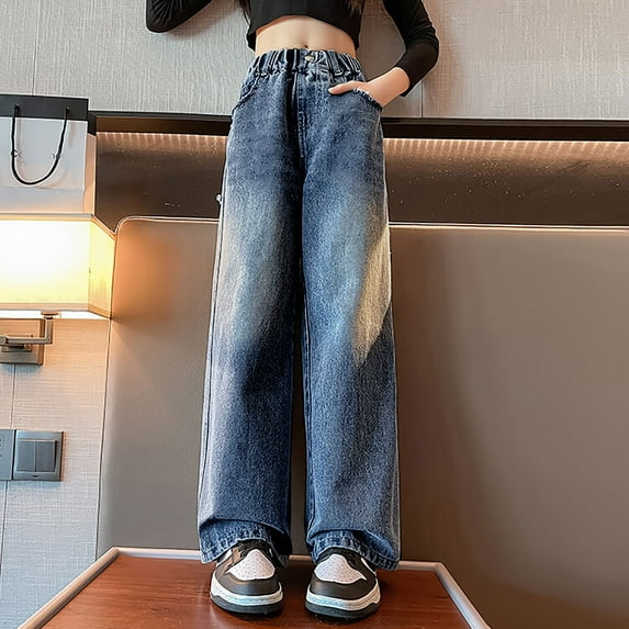 JIAYUE Girls Solid Color Jeans Straight Leg Wide Leg Stretch Denim For Kids Spring Casual Comfortable Everyday Trousers