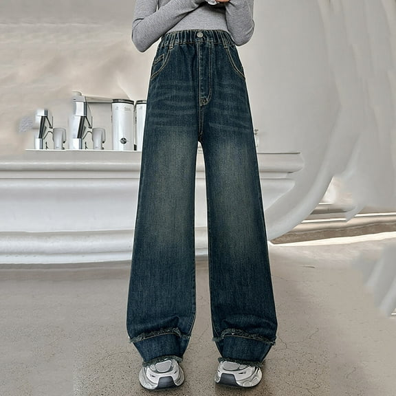 JIAYUE Girls Solid Color Straight Leg Jeans Loose Fit Wide Leg Trousers For Kids Comfortable Casual Spring Autumn Stylish Bottoms