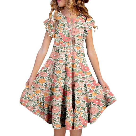 JIAYUE Girls Spring Dresses Floral Short Sleeve Drop Shoulder Crew Neck Peasant Mid Length Comfortable For Kids Seasonal Dailywear