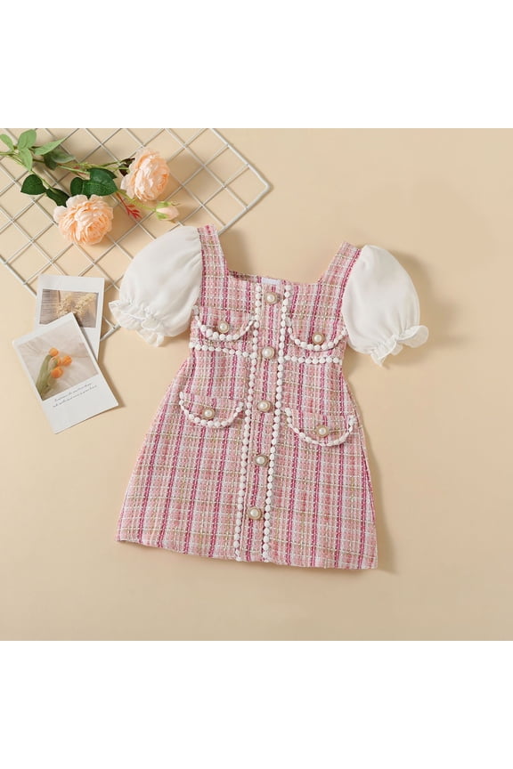 Girls Spring Dresses Plaid Short Sleeve Drop Shoulder Square Neckline Mid Length Pearl Embellishments Tweed Texture Shirt Dress For Kids Seasonal Adaptable Playwear