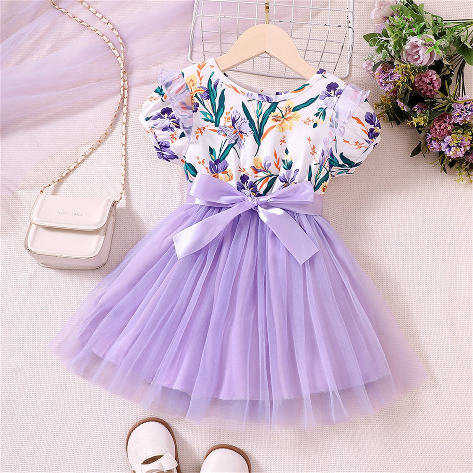 JIAYUE Girls Spring Summer Dresses Floral Short Sleeve Drop Shoulder ...