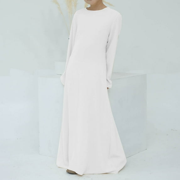 JIAYUE Girls Spring Summer Dresses Solid Color Long Sleeve Drop Shoulder Crew Neck Shift Maxi Comfortable For Children Seasonal Dresswear