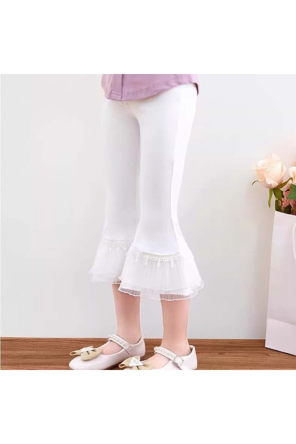 Girls Summer Casual Flared Pants Slim Calf Length Leggings Stretchy Solid Color Mesh Cozy Soft Athletic Everyday Basic For Toddler Children Versatile Bottoms