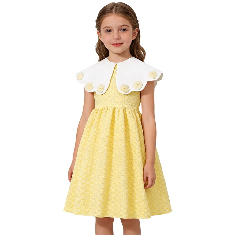 JIAYUE Girls Summer Dress Knee Length Sleeveless Fit And Flare Floral Decoration Pleated Peter Pan Collar Casual Party Toddler Baby Jacquard Dress