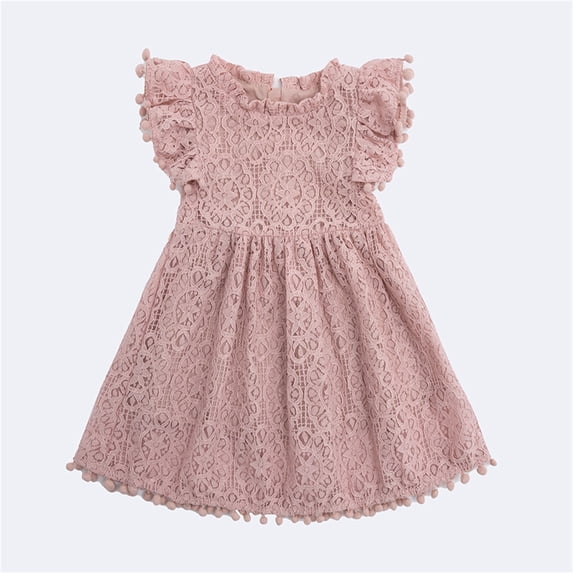 JIAYUE Girls Summer Dresses Cute Versatile Solid Color Above Knee Crew Neck A-Line Lace Hollow Out Fashion Flutter Sleeve Party Dress For Toddler And Kids