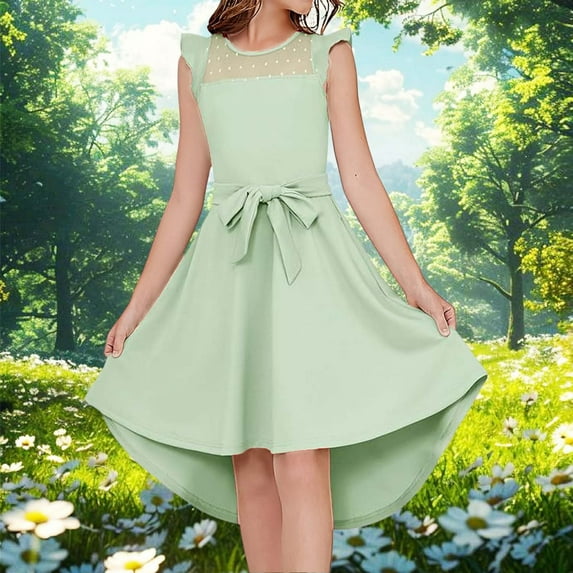 JIAYUE Girls Summer Dresses Solid Color Sleeveless Crew Neck A-Line Mid Length Elegant Ruffled Dress For Children Casual Layering Wear