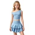 thumbnail image 1 of JIAYUE Girls Summer Outfit Sets Off The Shoulder Knit Ribbed Solid Color Asymmetrical Neck Short Sleeve Slim Fit Top With Layered Ruffle Skirt Children Two Piece Clothing Set, 1 of 9