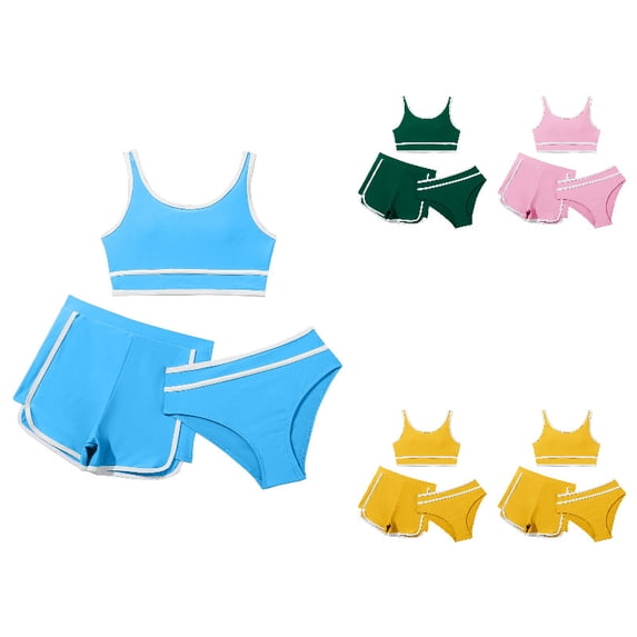 JIAYUE Girls Summer Swimsuits Scoop Neck Sleeveless Adjustable Spaghetti Strap Top With Shorts Kids 3 Piece Bikini Sets Solid Color Casual Sport Bathing Suits