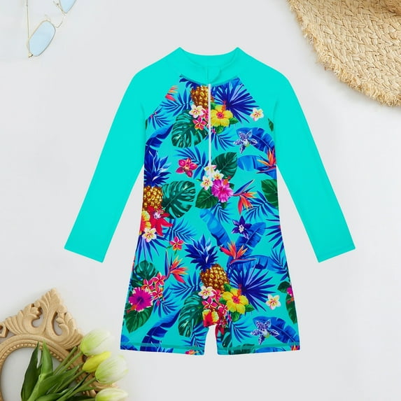 JIAYUE Girls Summer Swimsuits Set Floral Long Sleeve Drop Shoulder Collared Zipper One-Piece Shorts Sunproof For Toddler Breathable Pool Swimsuit