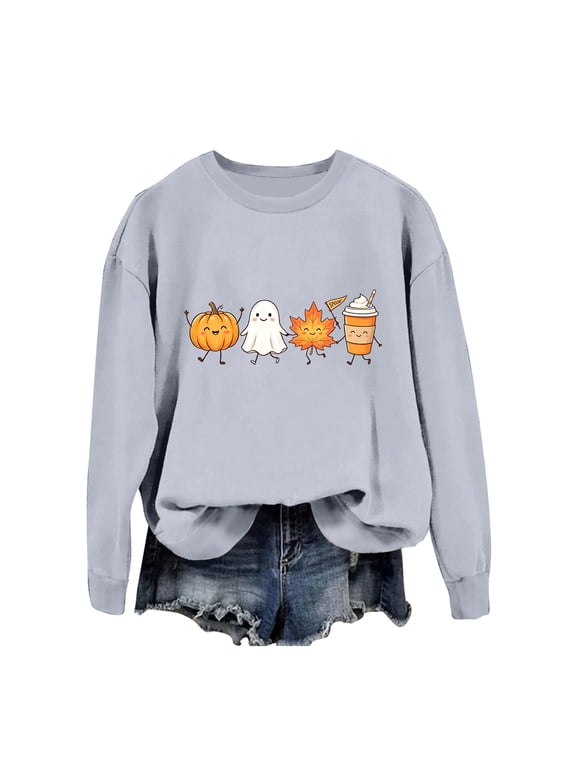 Girls Sweatshirt Casual Cozy Long Sleeve Halloween Themed Print Crew Neck Hoodless Tops For Winter Relaxed Fit Daily Outdoor Play And Festive Party Wear
