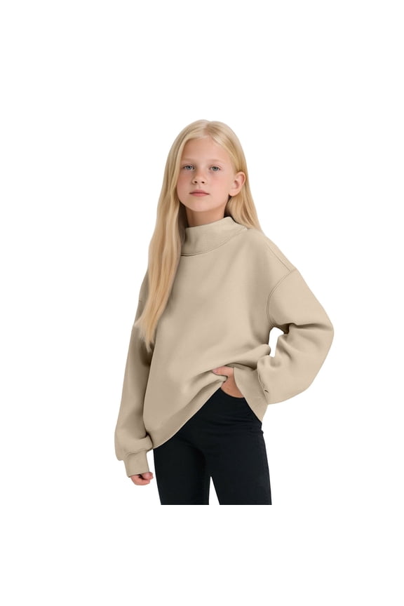 Girls Sweatshirt Solid Color Long Sleeve Fleece Hooded Warm Winter Pullover Soft Cozy Kids Top With High Neck Classic Children Tops