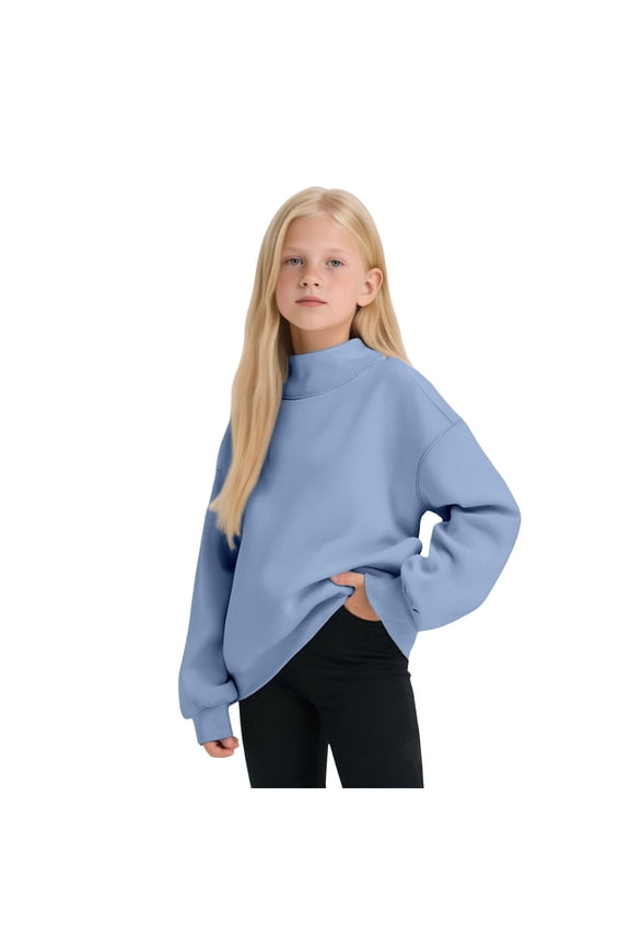 Girls Sweatshirt Solid Color Long Sleeve Fleece Hooded Warm Winter Pullover Soft Cozy Kids Top With High Neck Trendy Children Tops